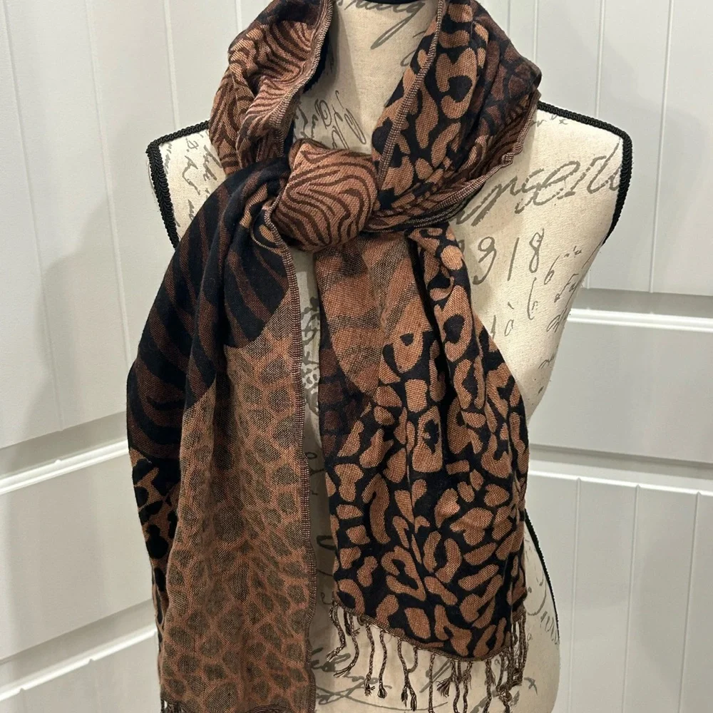 Brown Fringe Scarf Animal Prints Reversible Cheetah Tiger Zebra Patterns 21”x60”